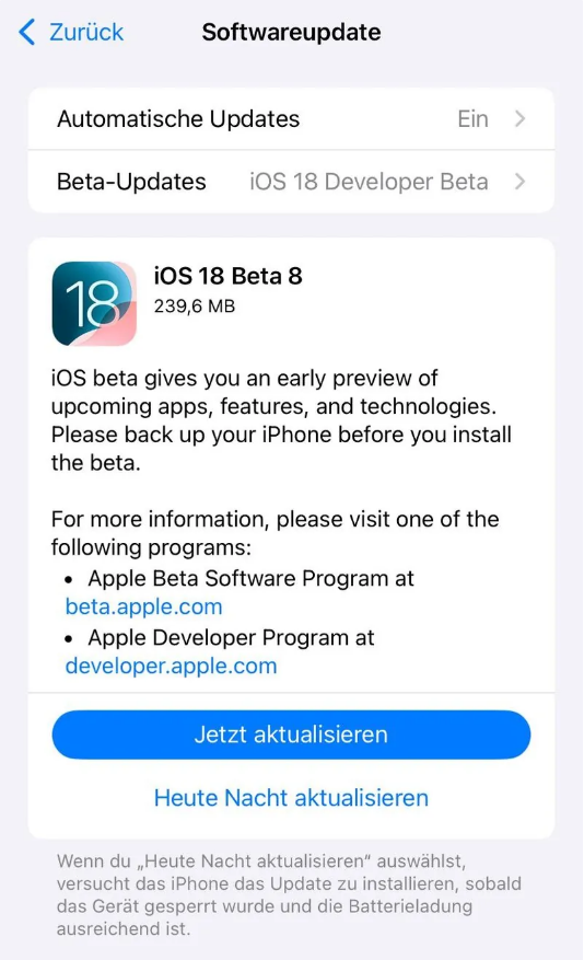 法库苹果手机维修分享苹果 iOS / iPadOS 18 开发者预览版 Beta 8 发布 